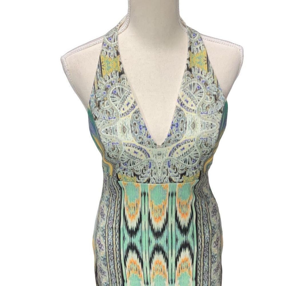 Hale Bob Geometric Colorful Lined Halter Stretch Bodycon Midi Dress V Neck M NWT - Picture 2 of 10